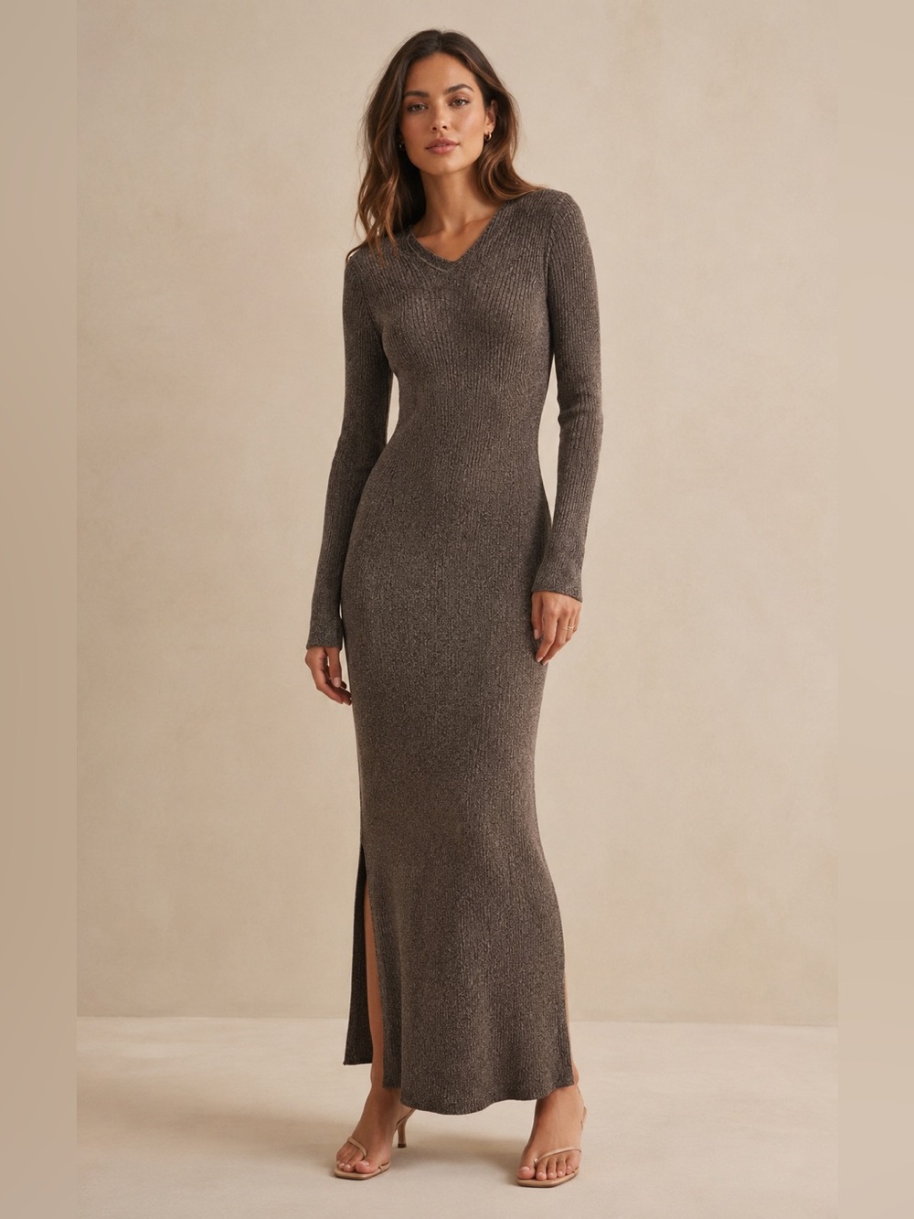 AERON Marled Brown Organic Cotton Ribbed Knit Maxi Dress XS NWT